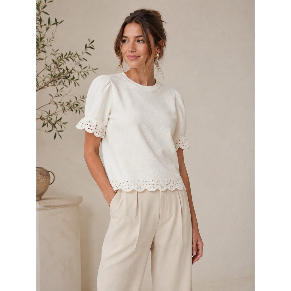 PAIGE Ciabatta Top XS Ivory Puff Sleeve Eyelet Scalloped Hem Sweatshirt Top